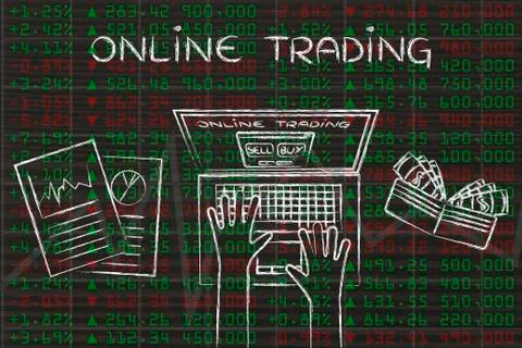 Computer user on green and red stock market data, with text Online Trading Stock Illustration