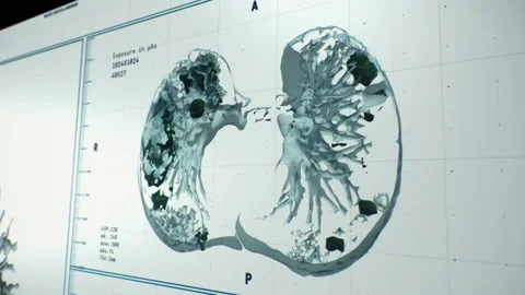 Computer user interface screen with 3D modeling of lung injuries Covid 19. Stock Footage 145588652