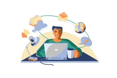 Computer user with laptop and cup of coffee Stock Illustration