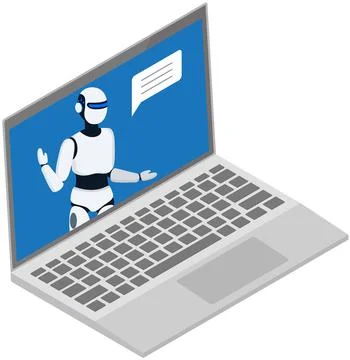 Computer user talks to robot in smartphone chat. Person having consultation with Illustrazione stock