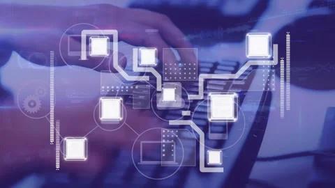 Computer user typing at keyboard, initiating tech HUD overlaying keys Stock Footage 330356033