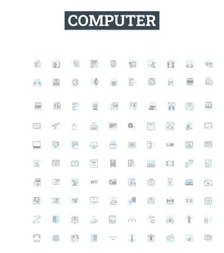 Computer vector line icons set. Computer, laptop, desktop, monitor, printer Stock Illustration