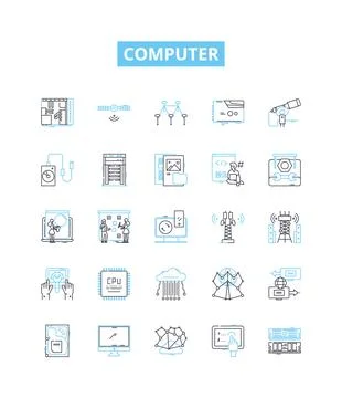 Computer vector line icons set. Computer, laptop, desktop, monitor, printer Stock Illustration