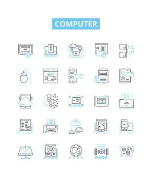 Computer vector line icons set. Computer, laptop, desktop, monitor, printer Stock Illustration
