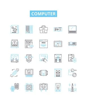 Computer vector line icons set. Computer, laptop, desktop, monitor, printer Illustrazione stock