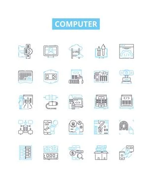 Computer vector line icons set. Computer, laptop, desktop, monitor, printer Stock Illustration