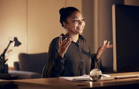 Computer video call, night or woman explain idea, proposal or plan on online Stock Photos