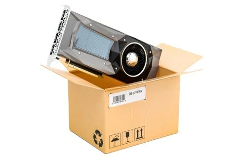 Computer video card GPU inside parcel, delivery concept. 3D rendering Illustrazione stock