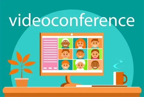 Computer with video conferencing on screen. Stock Illustration