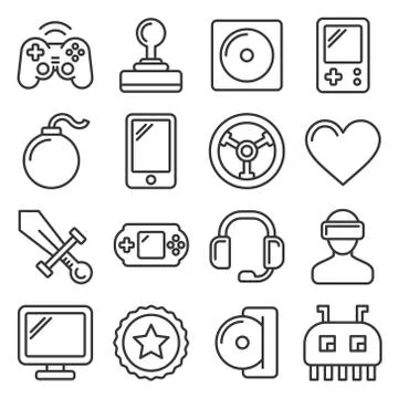 Computer Video Game Icons Set on White Background. Line Style Vector Stock Illustration