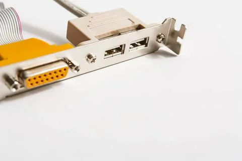 Computer video graphics card with ports on white surface Fotos Stock