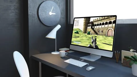 Computer with videogame at navy desktop Stock Illustration