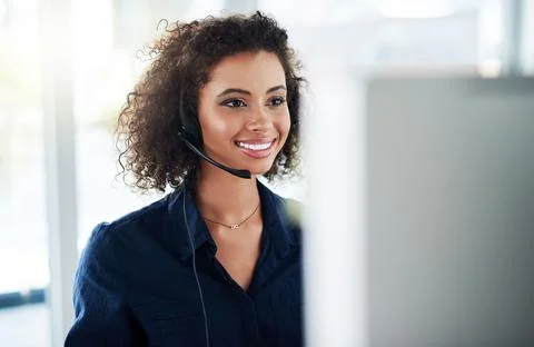 Computer, virtual assistant or happy woman in call centre, telecom or tech Stock Photos