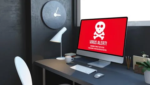 Computer with virus alert at navy desktop Stock Illustration