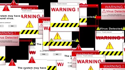 Computer virus alert warning visual stacked danger boxes, antivirus threat notic Stock Footage 340576249
