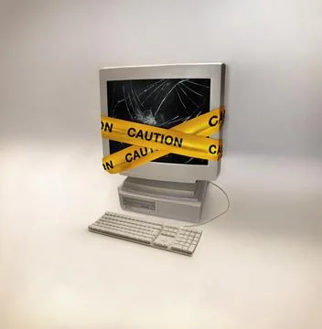 Computer, virus and broken screen with warning and malware with 404 and caution Foto stock