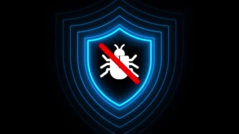 Computer virus animated bug blocked by glowing blue cyber security shield o.. Stock Footage 347242766