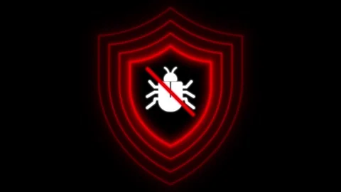 Computer virus animated bug blocked by glowing red cyber security shield on.. Stock Footage 347242769
