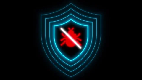 Computer virus animated red bug blocked by glowing blue cyber security shie.. Stock Footage 347242771
