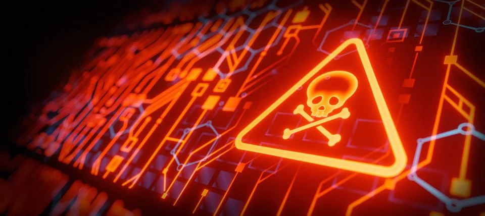 Computer virus attack PC, cybersecurity and firewall concept in red banner di Stock Illustration