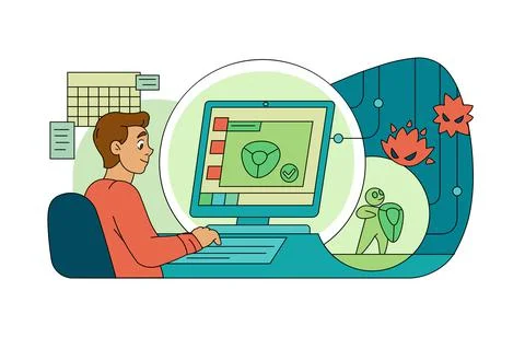 Computer virus attacks laptop device Stock Illustration