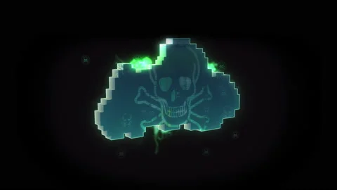 Computer virus cloud with skull and glitch data. Seamless loop symbol on black Stock Footage 133894467