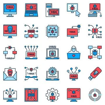 Computer Virus colored icons set. PC Viruses and Bugs vector signs Stock Illustration