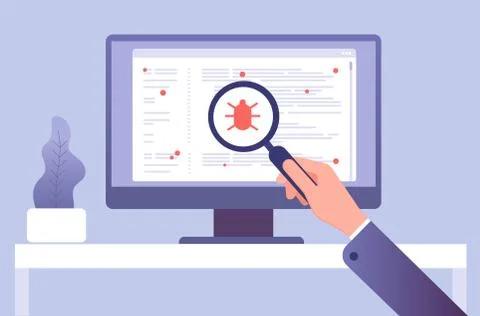 Computer virus concept. Hand with magnifying glass testing software. Bug virus 스톡 일러스트