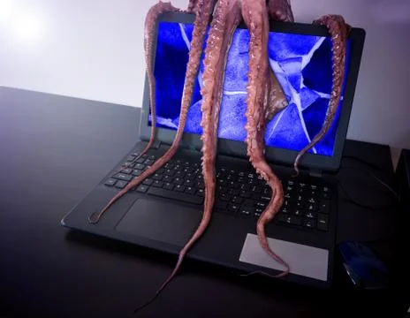 Computer virus concept. Laptop infected by malicious software. Stock Photos