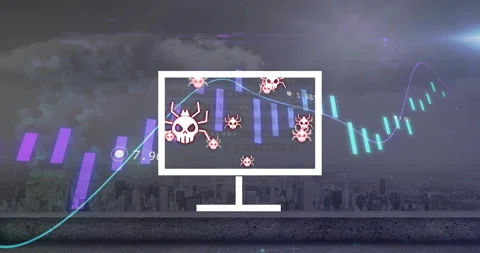 Computer virus icons animation over financial data and cityscape background Video stock 304767376