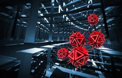 Computer virus illustration with red sharp objects in the dark blue digital t Stock Illustration