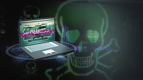 Computer virus on laptop screen. Infected internet warning with skull Stock Footage 139096241