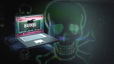 Computer virus on laptop screen. Infected internet warning with skull symbol Stock Illustration