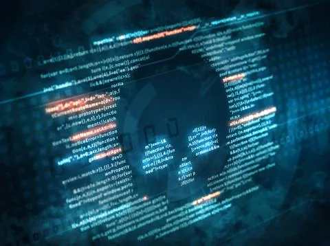 Computer virus malware attack. computer code on a screen with a skull symbol Stock Illustration