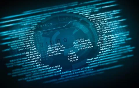 Computer virus malware attack. computer code on a screen with a skull symbol Stock Illustration