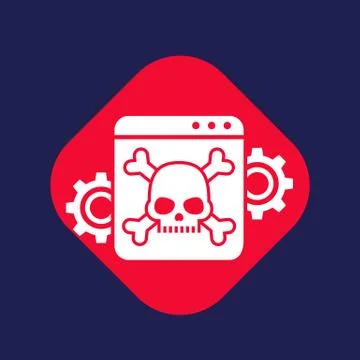 Computer virus, malware attack icon with skull and bones Illustrazione stock