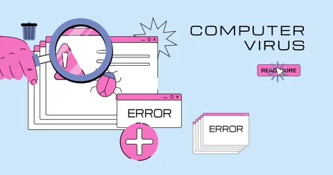 Computer virus. Moving banner with programmer or tester hand holding magnifying Stock-Footage 326264403