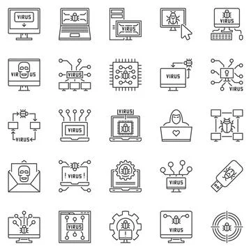 Computer Virus outline icons set - PC bugs and Viruses concept vector line .. Stock Illustration