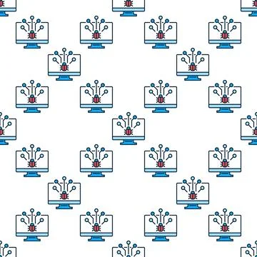 Computer Virus on PC screen vector colored seamless pattern Stock Illustration