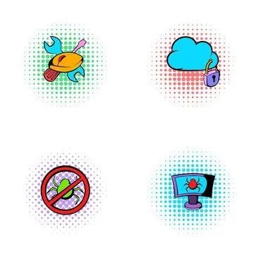 Computer virus protection and cloud security settings icons イラスト素材