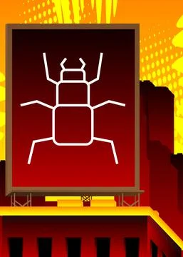 Computer virus sign on a billboard atop a building. Advertising in the city.  Stock Illustration