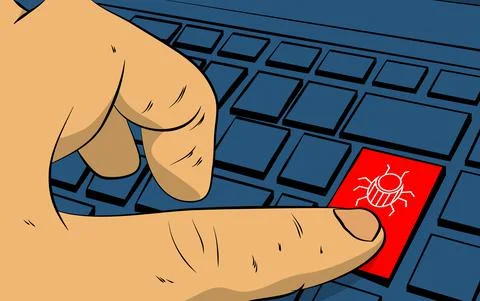 Computer virus sign on keyboard. Man push keypad on laptop. Comic book style  Stock Illustration
