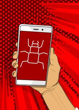 Computer virus sign on Smartphone screen. Cartoon vector illustrated mobile p Illustrazione stock