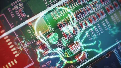 Computer virus skull graphic on Microchip motherboard Foto stock