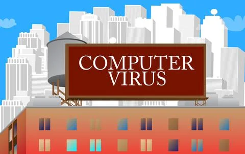Computer virus text on a billboard sign atop a brick building. Outdoor advert 스톡 일러스트