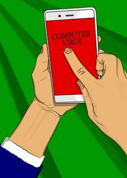 Computer virus text on Smartphone screen. Cartoon vector illustrated mobile p Stock Illustration