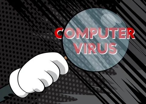 Computer virus text under magnifying glass illustration on comic book backgro Stock Illustration