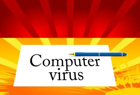 Computer virus  text on white paper with pen.Cartoon vector illustration. Stock Illustration