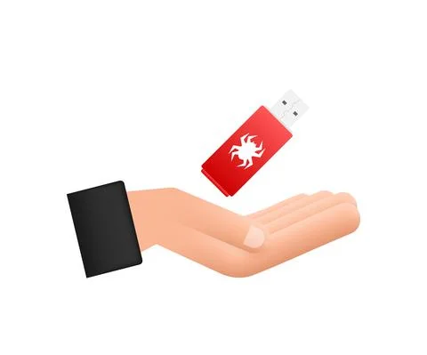 Computer virus on usb flash card in hands. Virus protection. Vector stock Illustrazione stock