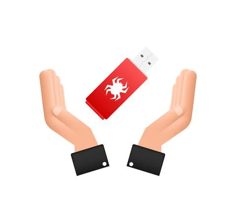 Computer virus on usb flash card in hands. Virus protection. Vector stock Illustrazione stock